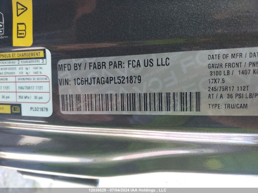 2023 Jeep Gladiator Sport S VIN: 1C6HJTAG4PL521879 Lot: 12035829