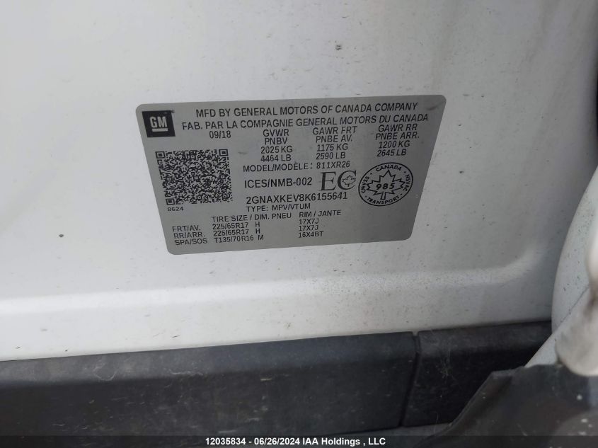 2019 Chevrolet Equinox VIN: 2GNAXKEV8K6155641 Lot: 12035834