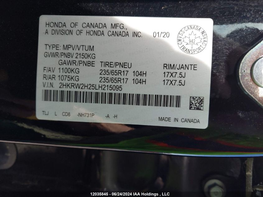 2020 Honda Cr-V VIN: 2HKRW2H25LH215095 Lot: 12035845