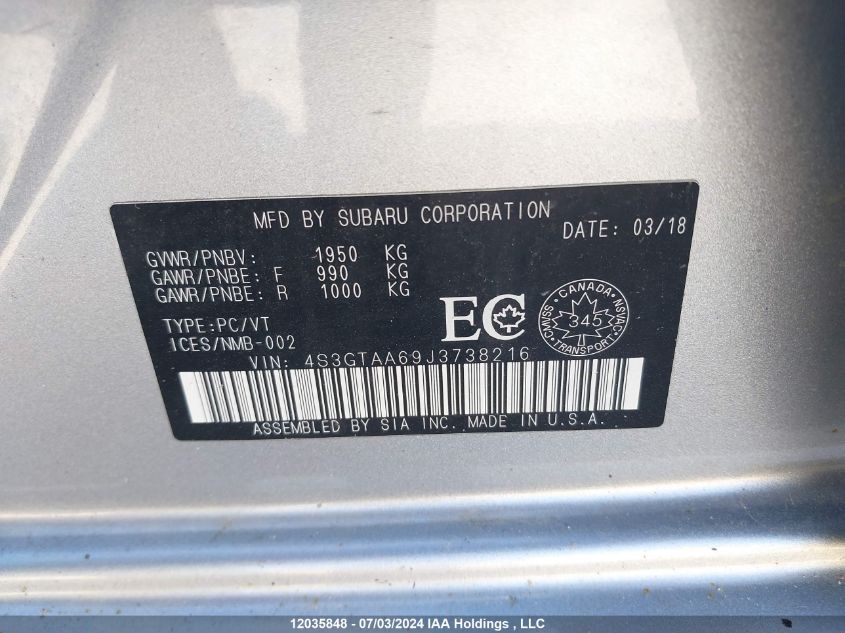 2018 Subaru Impreza VIN: 4S3GTAA69J3738216 Lot: 12035848