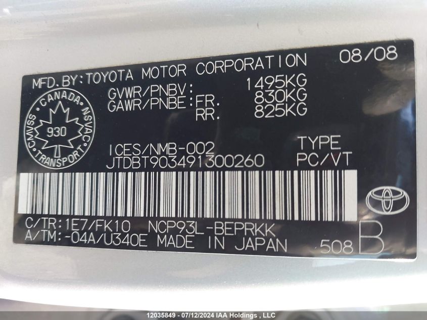 2009 Toyota Yaris VIN: JTDBT903491300260 Lot: 12035849