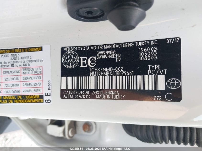 2018 Toyota C-Hr VIN: NMTKHMBX6JR029681 Lot: 12035851