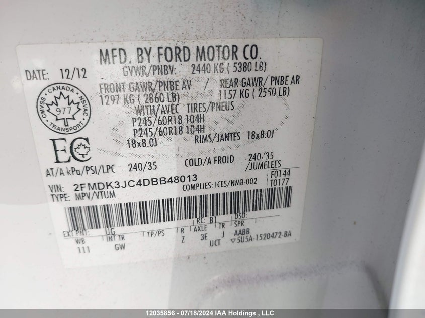 2013 Ford Edge Sel VIN: 2FMDK3JC4DBB48013 Lot: 12035856