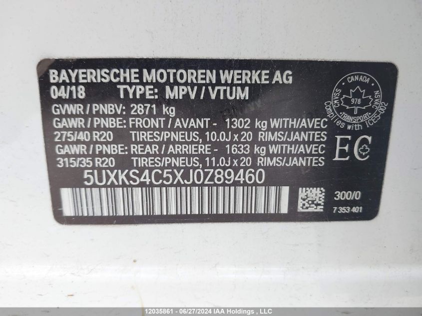 2018 BMW X5 xDrive35D VIN: 5UXKS4C5XJ0Z89460 Lot: 12035861