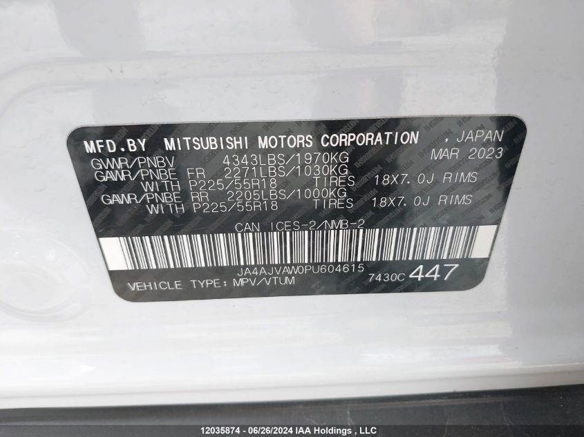 2023 Mitsubishi Rvr VIN: JA4AJVAW0PU604615 Lot: 12035874