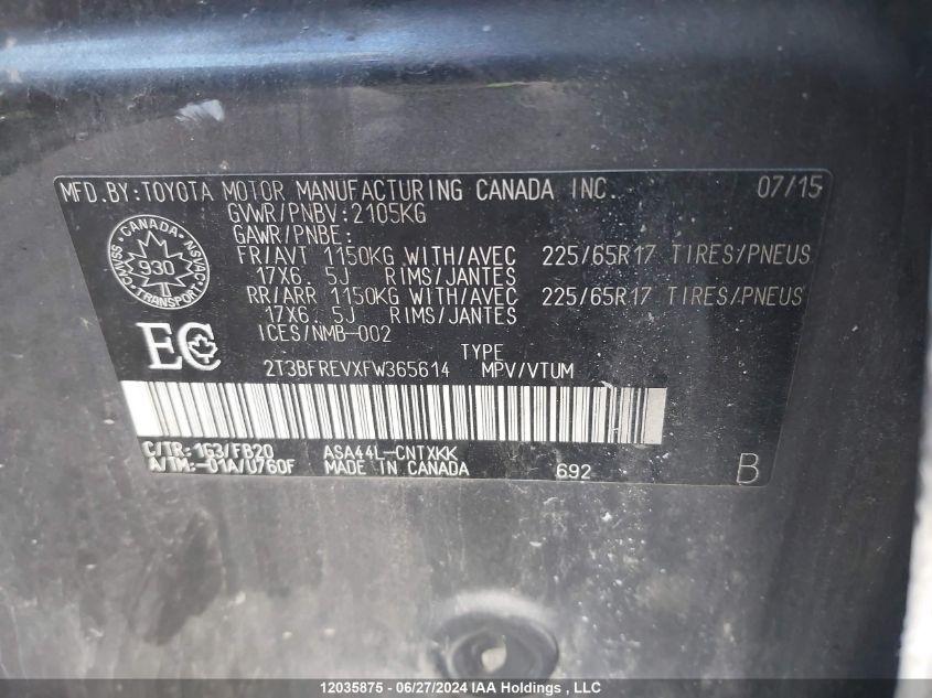 2015 Toyota Rav4 Le VIN: 2T3BFREVXFW365614 Lot: 12035875