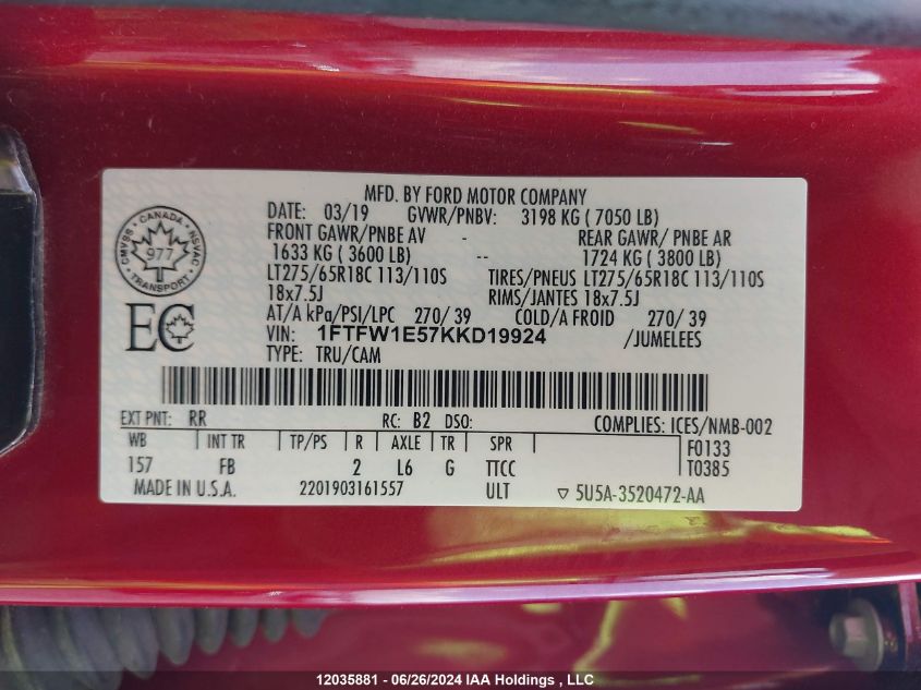 2019 Ford F-150 Xlt VIN: 1FTFW1E57KKD19924 Lot: 12035881