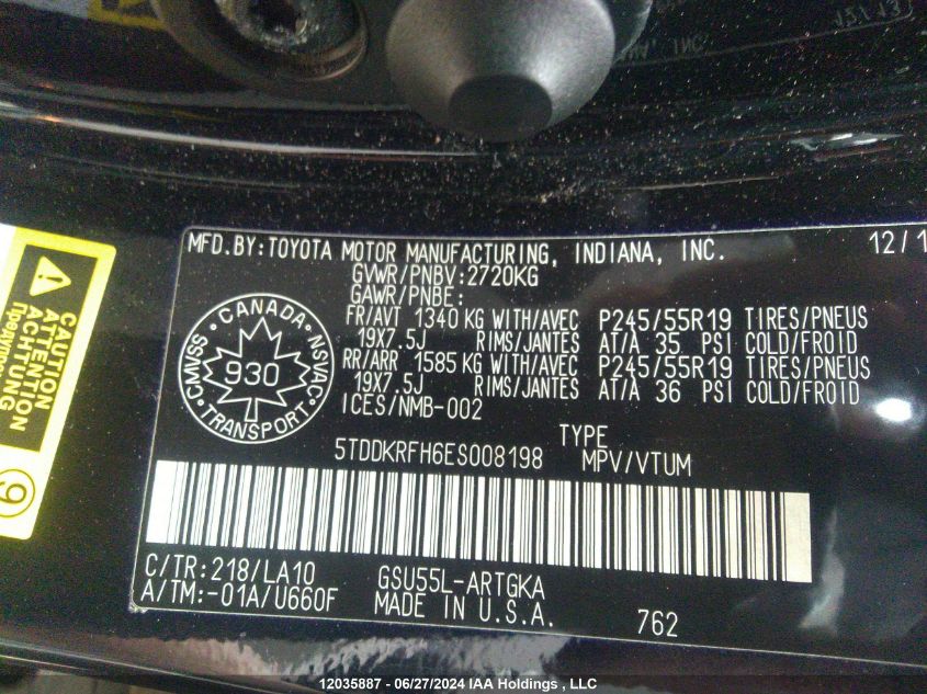 2014 Toyota Highlander Limited VIN: 5TDDKRFH6ES008198 Lot: 12035887