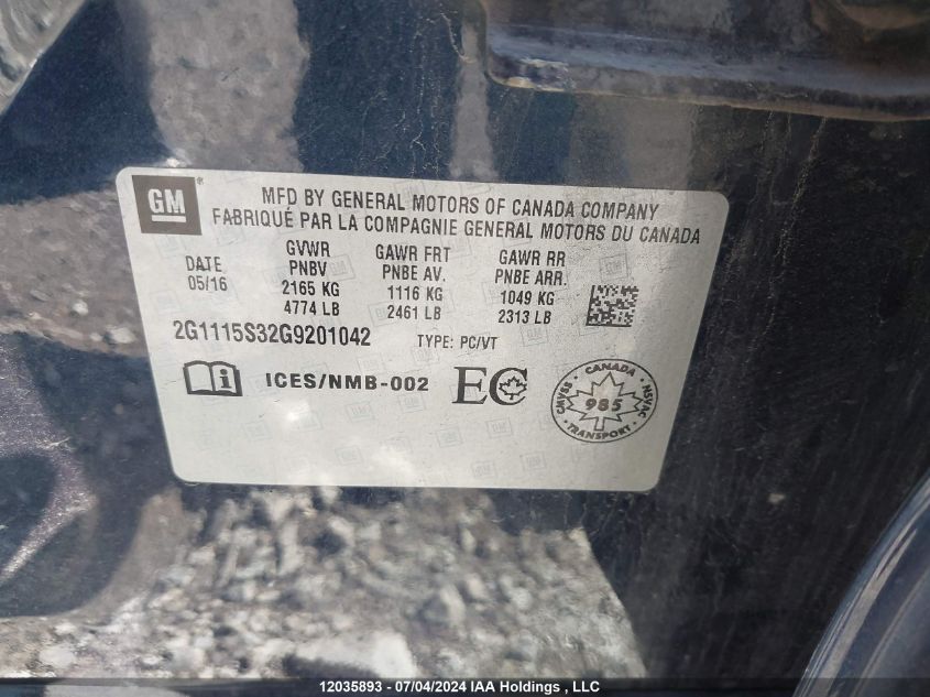 2016 Chevrolet Impala VIN: 2G1115S32G9201042 Lot: 12035893