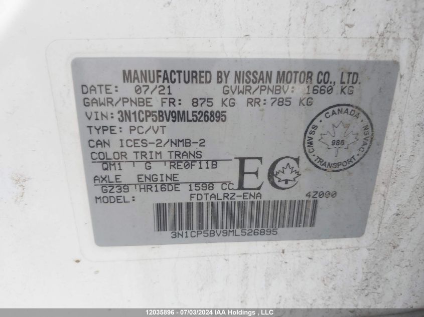 2021 Nissan Kicks S Xtronic Cvt VIN: 3N1CP5BV9ML526895 Lot: 12035896