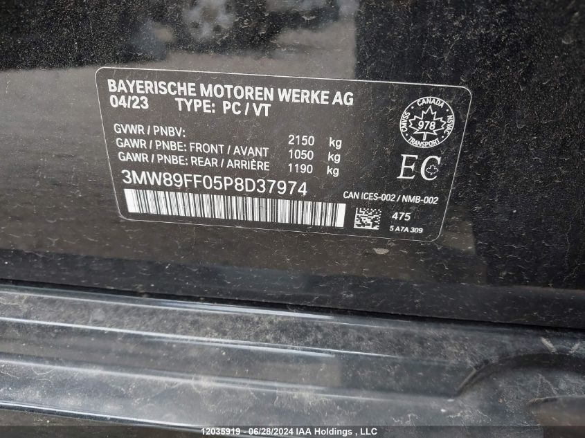 2023 BMW 3 Series VIN: 3MW89FF05P8D37974 Lot: 12035919