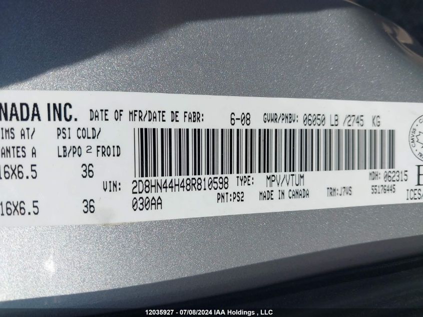 2008 Dodge Grand Caravan Se VIN: 2D8HN44H48R810598 Lot: 12035927