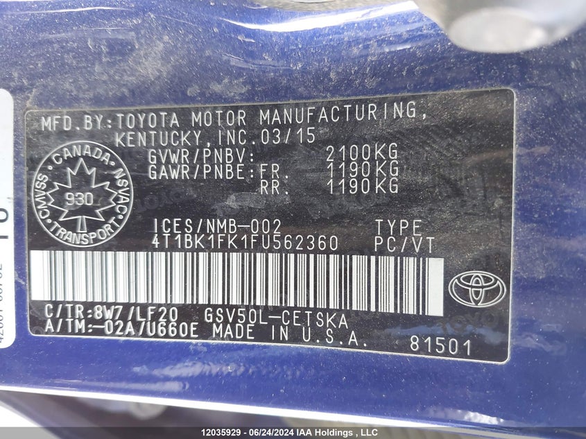 2015 Toyota Camry Xse/Xle VIN: 4T1BK1FK1FU562360 Lot: 12035929