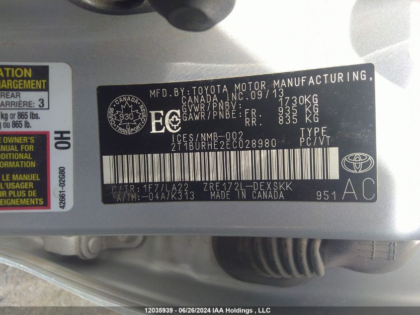 2014 Toyota Corolla L/Le/Le Pls/Prm/S/S Pls VIN: 2T1BURHE2EC028980 Lot: 12035939