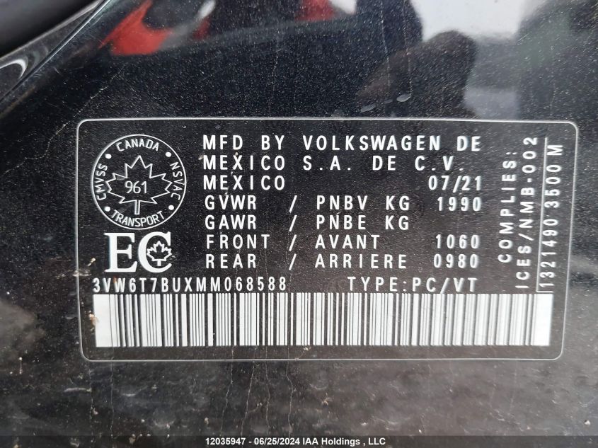 2021 Volkswagen Jetta Gli/S/Autobahn VIN: 3VW6T7BUXMM068588 Lot: 12035947