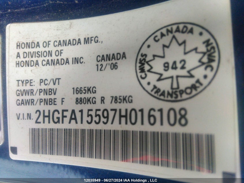2007 Honda Civic VIN: 2HGFA15597H016108 Lot: 12035949