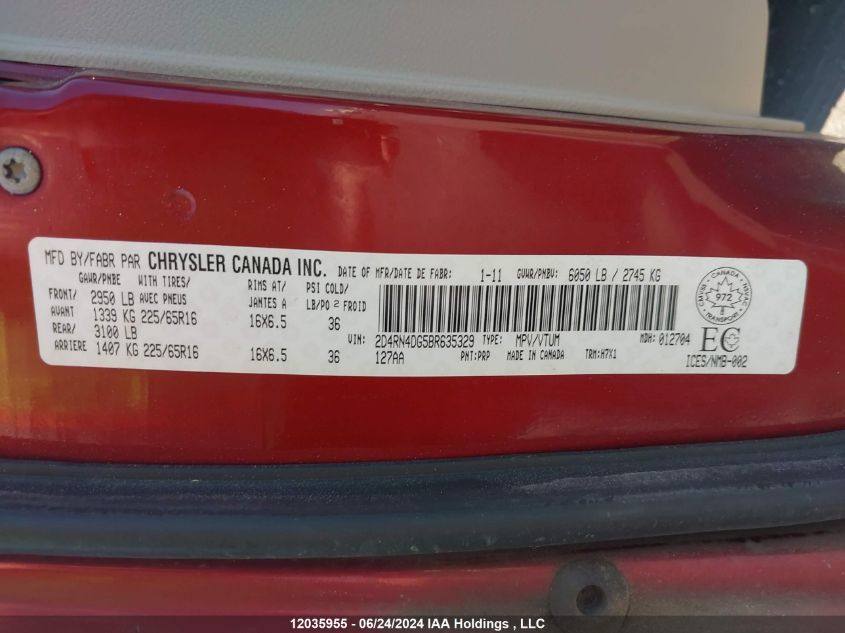 2011 Dodge Grand Caravan Se/Sxt VIN: 2D4RN4DG5BR635329 Lot: 12035955