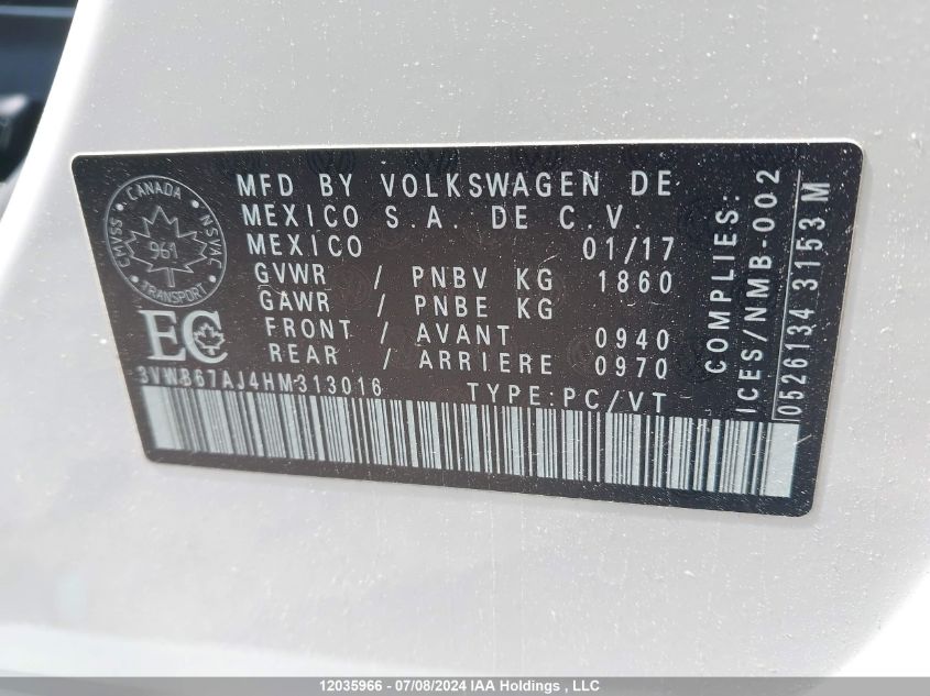 2017 Volkswagen Jetta VIN: 3VWB67AJ4HM313016 Lot: 12035966