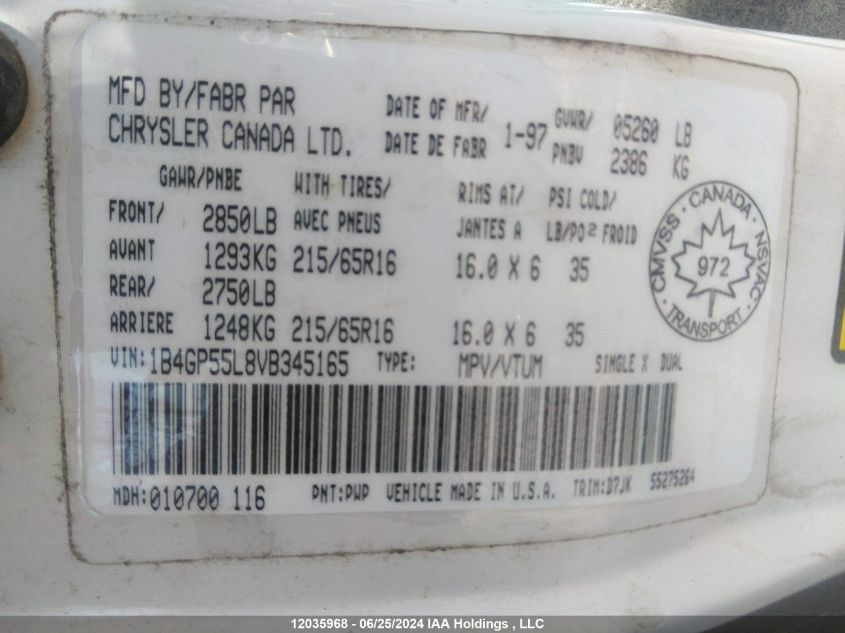 1997 Dodge Caravan VIN: 1B4GP55L8VB345165 Lot: 12035968