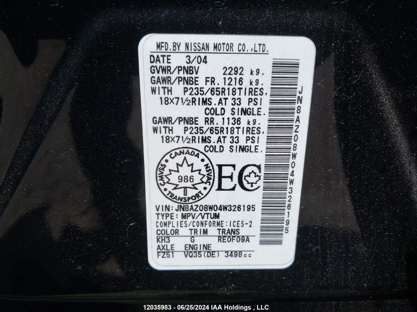 2004 Nissan Murano Sl/Se VIN: JN8AZ08W04W326195 Lot: 12035983