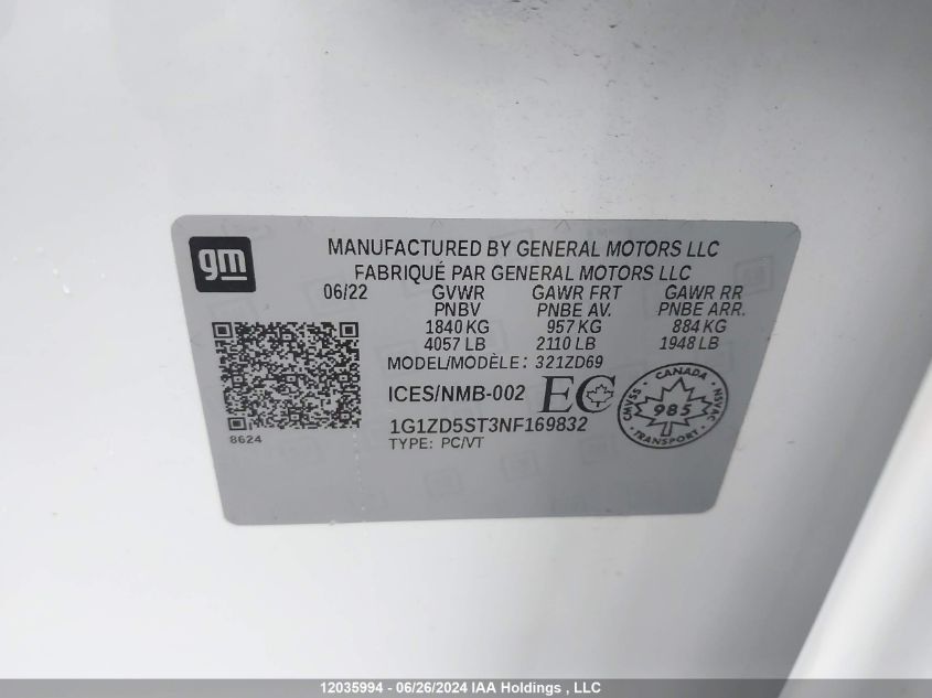 2022 Chevrolet Malibu VIN: 1G1ZD5ST3NF169832 Lot: 12035994