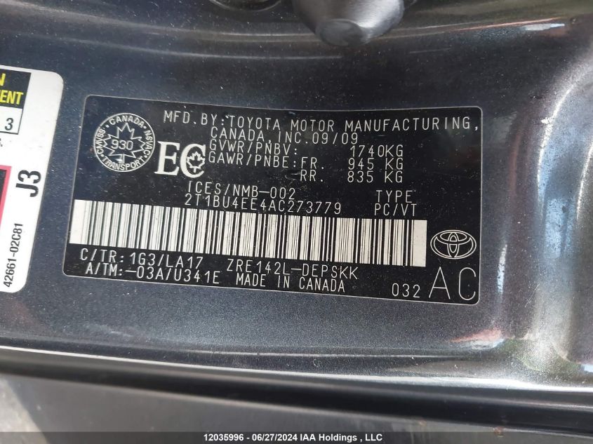 2010 Toyota Corolla S/Le/Xle VIN: 2T1BU4EE4AC273779 Lot: 12035996