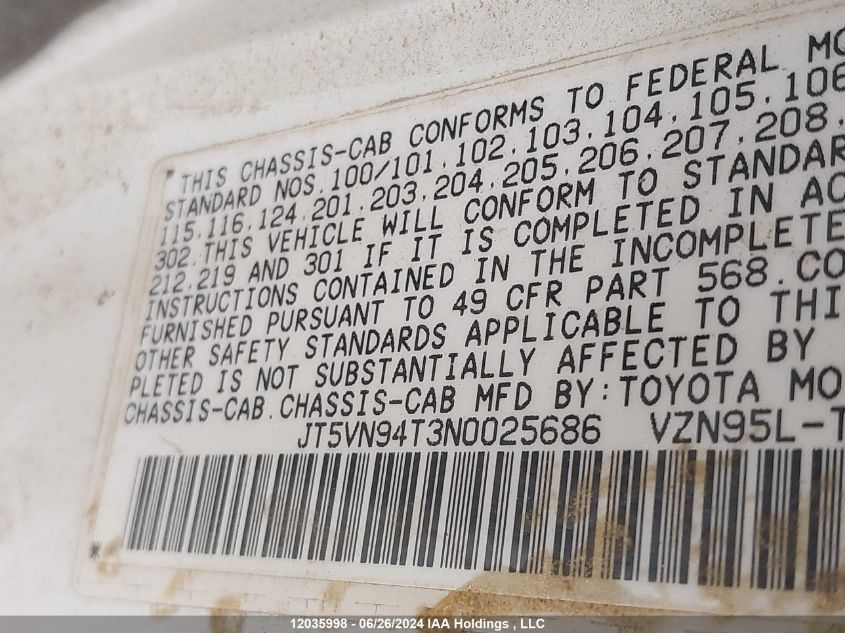 1992 Toyota Pickup Cab Chassis Super Long Wb VIN: JT5VN94T3N0025686 Lot: 12035998