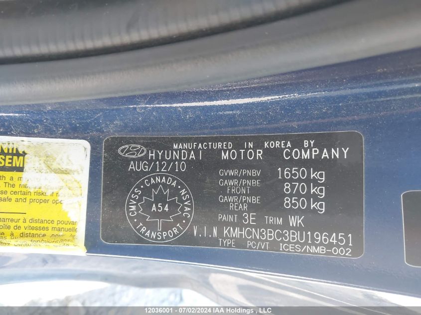 2011 Hyundai Accent VIN: KMHCN3BC3BU196451 Lot: 12036001