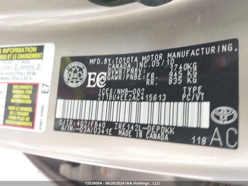 2010 Toyota Corolla Le VIN: 2T1BU4EE2AC415613 Lot: 12036004