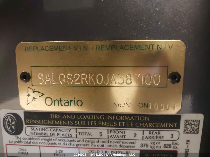 2018 Land Rover Range Rover VIN: SALGS2RK0JA387100 Lot: 12036023