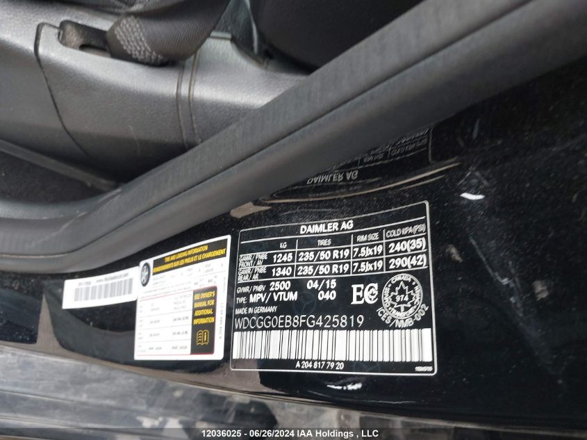 2015 Mercedes-Benz Glk-Class VIN: WDCGG0EB8FG425819 Lot: 12036025