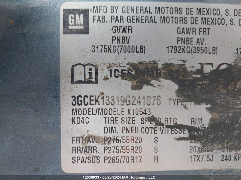 2009 Chevrolet Silverado 1500 VIN: 3GCEK13319G241876 Lot: 12036033