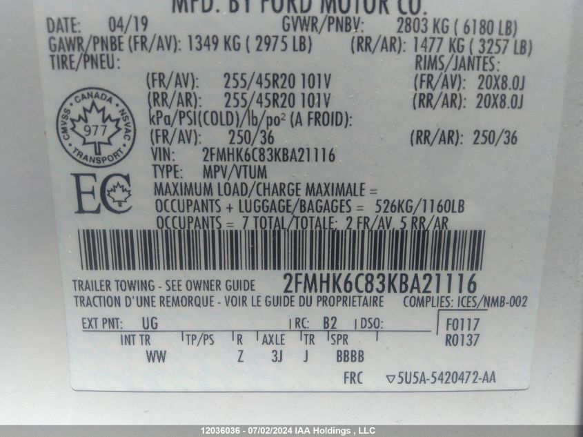 2019 Ford Flex Sel VIN: 2FMHK6C83KBA21116 Lot: 12036036