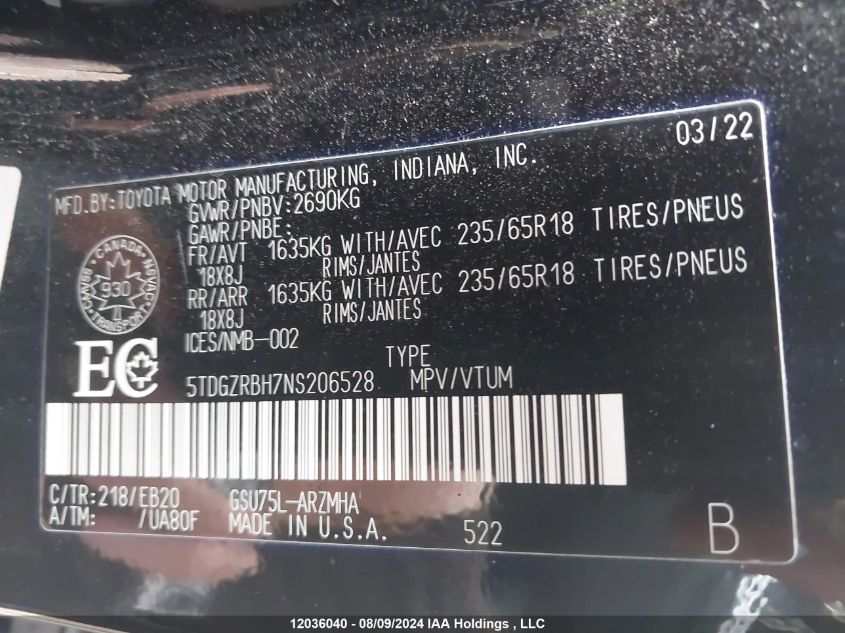 2022 Toyota Highlander VIN: 5TDGZRBH7NS206528 Lot: 12036040