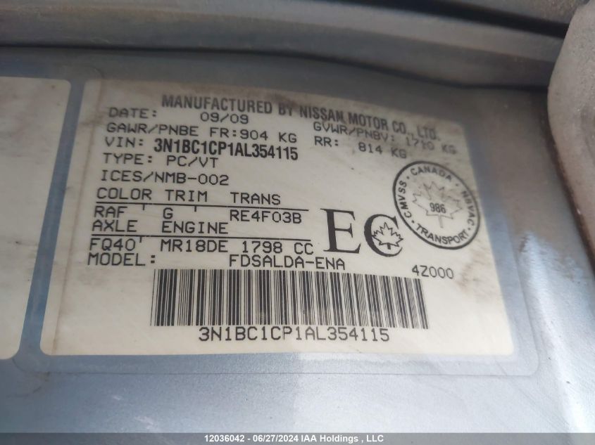 2010 Nissan Versa S/Sl VIN: 3N1BC1CP1AL354115 Lot: 12036042