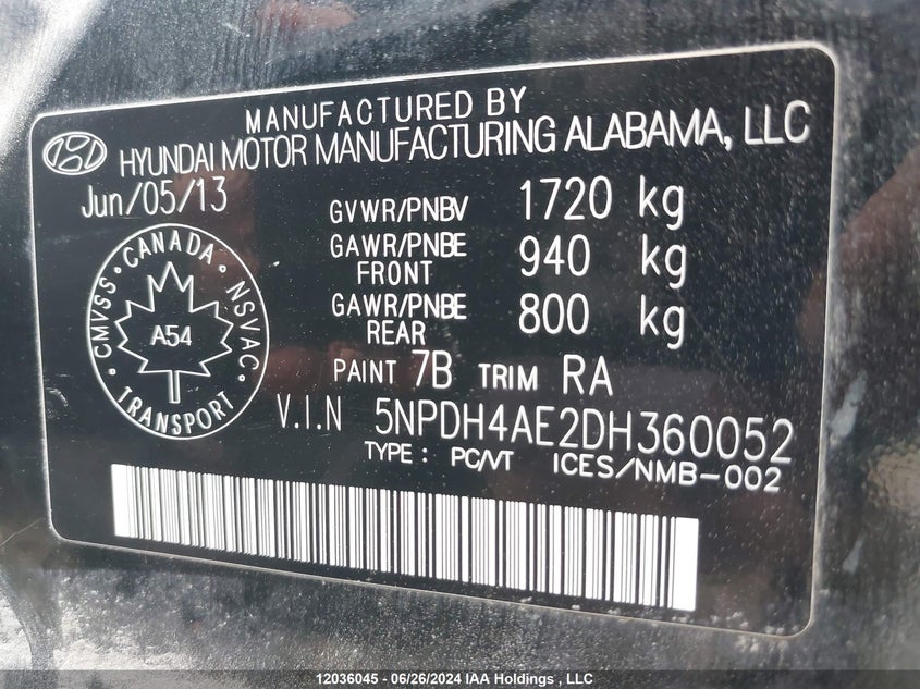 2013 Hyundai Elantra Gls VIN: 5NPDH4AE2DH360052 Lot: 12036045