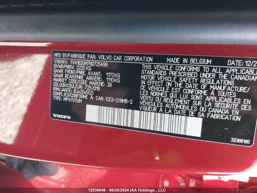 2022 Volvo Xc40 VIN: YV4162UM7N2725499 Lot: 12036046