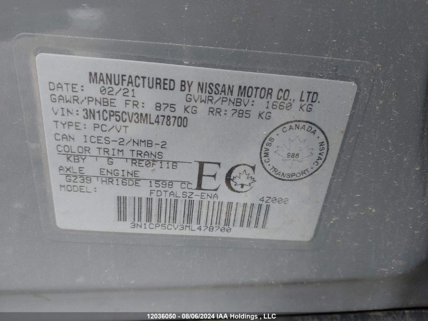 2021 Nissan Kicks VIN: 3N1CP5CV3ML478700 Lot: 12036050