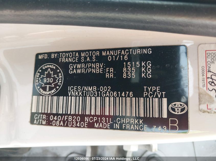 2016 Toyota Yaris L/Le/Se VIN: VNKKTUD31GA061476 Lot: 12036056