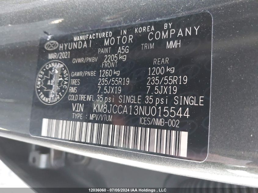 2022 Hyundai Tucson Ultimate Hybrid Awd VIN: KM8JCCA13NU015544 Lot: 12036060