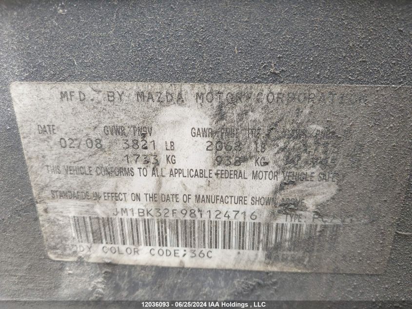 2008 Mazda 3 I VIN: JM1BK32F981124716 Lot: 12036093