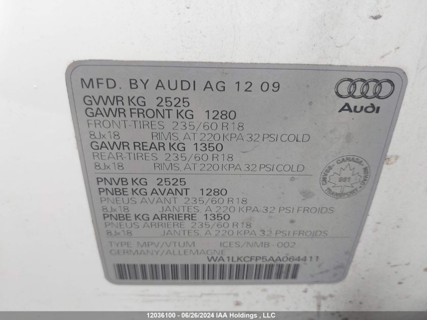 2010 Audi Q5 VIN: WA1LKCFP5AA064411 Lot: 12036100