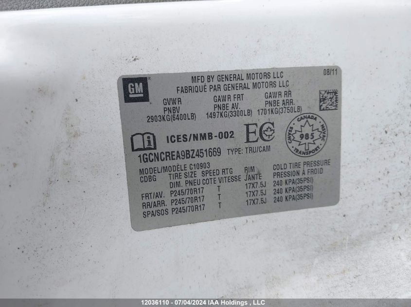 2011 Chevrolet Silverado 1500 VIN: 1GCNCREA9BZ451669 Lot: 12036110
