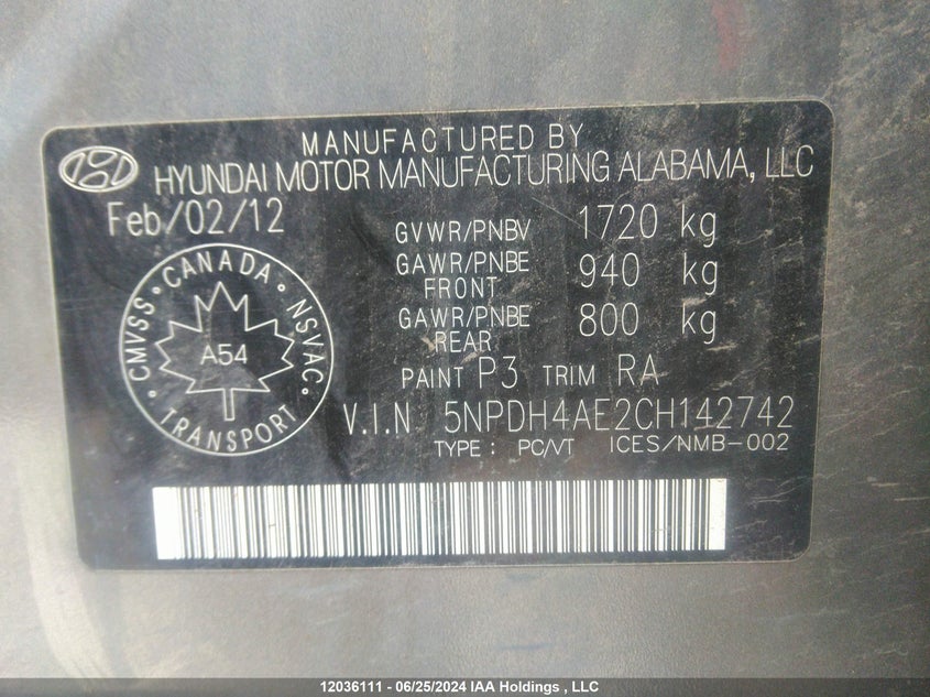 2012 Hyundai Elantra Gls/Limited VIN: 5NPDH4AE2CH142742 Lot: 12036111