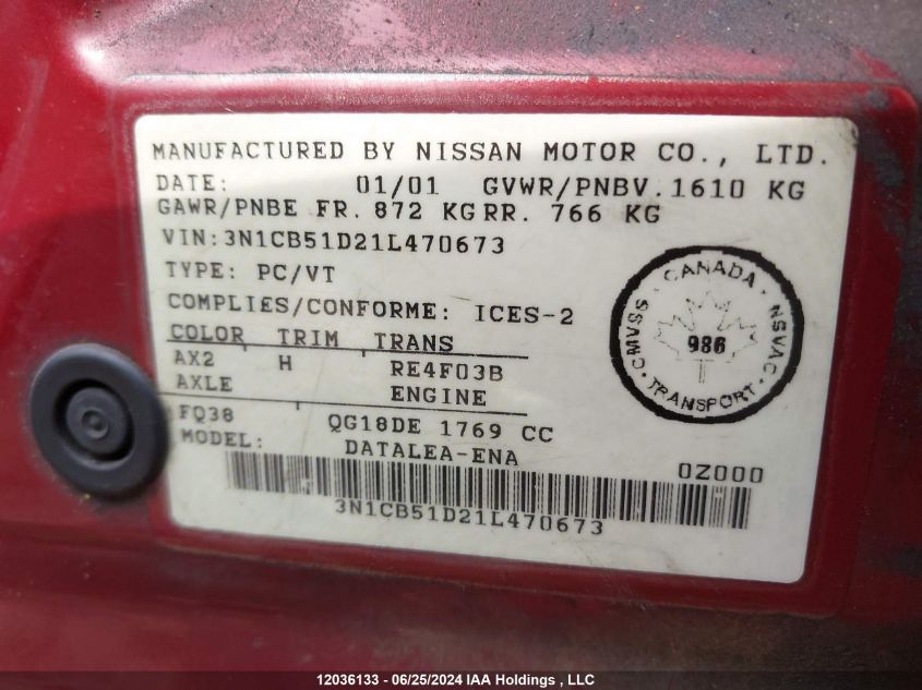 2001 Nissan Sentra Xe/Gxe VIN: 3N1CB51D21L470673 Lot: 12036133