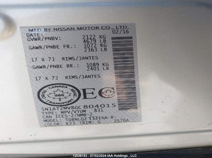 2016 Nissan Rogue VIN: 5N1AT2MV8GC804015 Lot: 12036153