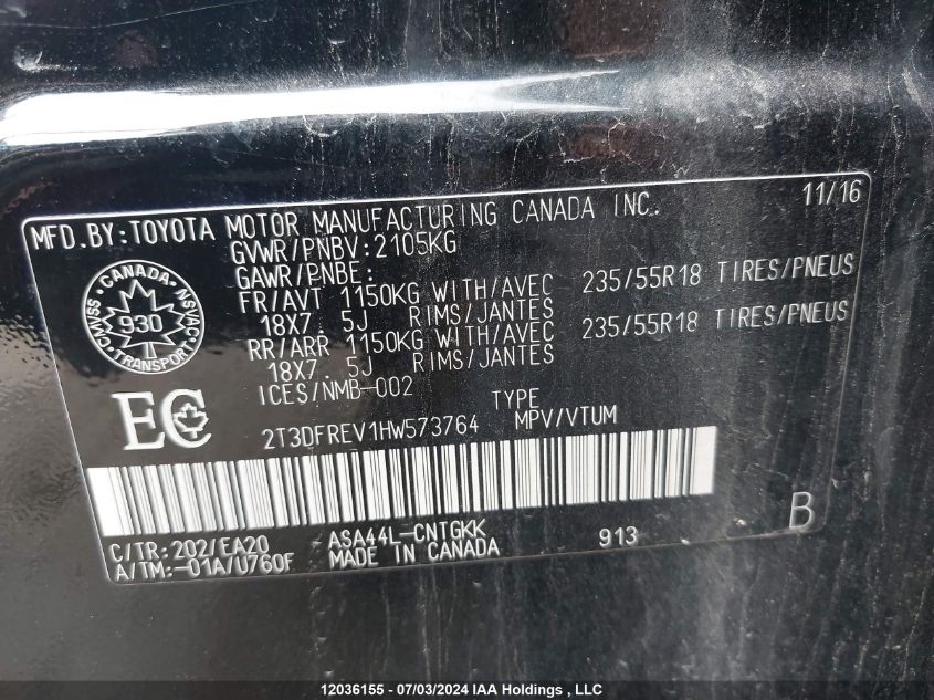 2017 Toyota Rav4 Limited/Se/Platinum VIN: 2T3DFREV1HW573764 Lot: 12036155