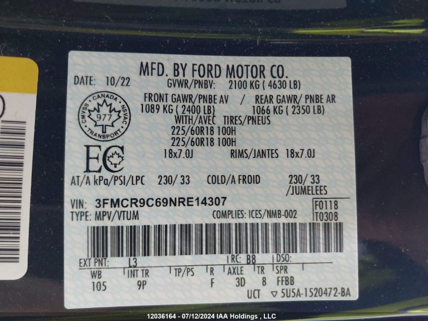 2022 Ford Bronco Sport Outer Banks VIN: 3FMCR9C69NRE14307 Lot: 12036164