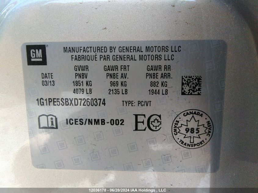 2013 Chevrolet Cruze VIN: 1G1PE5SBXD7260374 Lot: 12036178