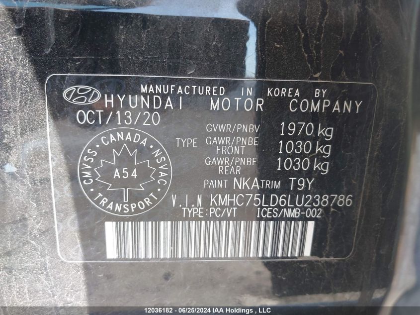 2020 Hyundai Ioniq Plug-In Hybrid Ultimate VIN: KMHC75LD6LU238786 Lot: 12036182